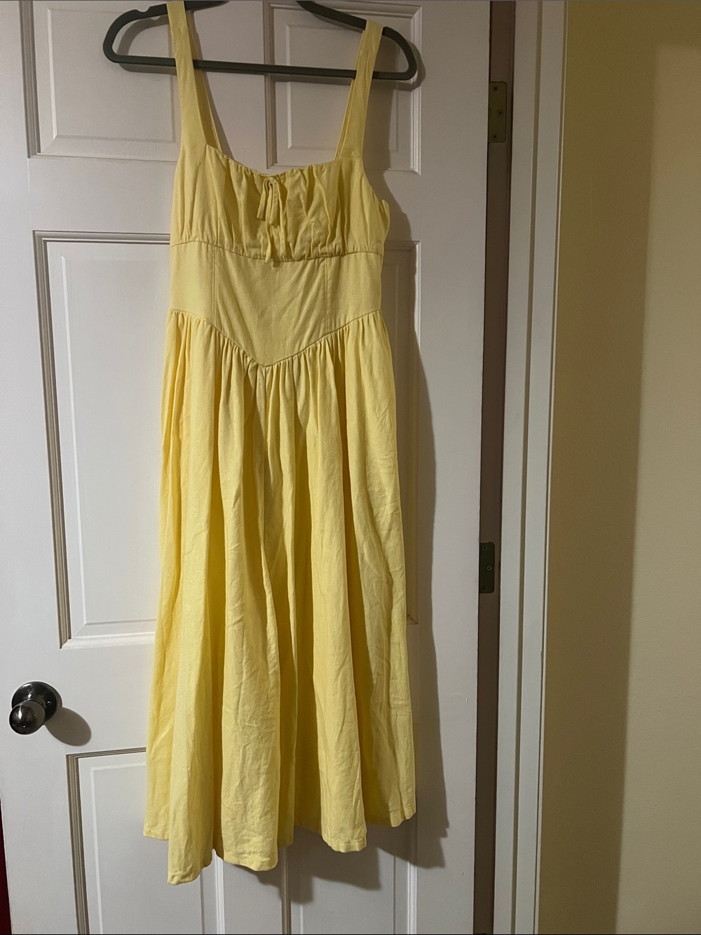 LC Lauren Conrad Pale Yellow Midi Dress with Gathered Bodice